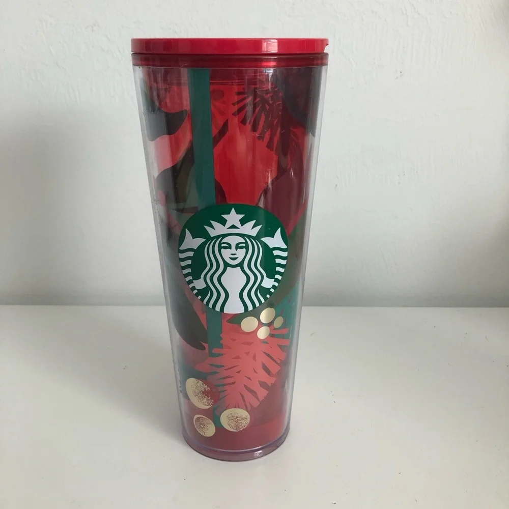 Starbucks 2019 Holiday Red Tumbler with Green Logo and Gold Accents